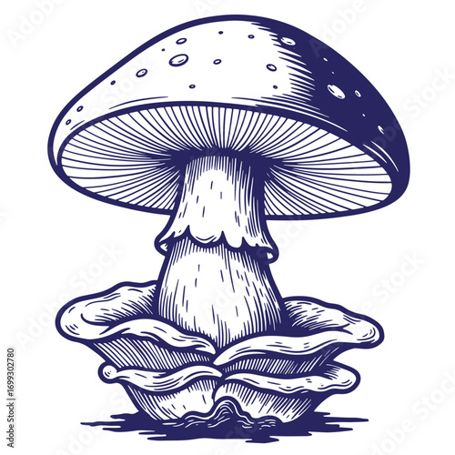 Detailed blue ink engraving of a mystical mushroom with elaborate stems and cap
