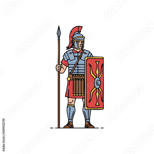 Roman Legionary Soldier Flat Art. A vibrant depiction of an imperial infantryman equipped with protective armor, a large shield, and a spear. Symbolizes antiquity and might.