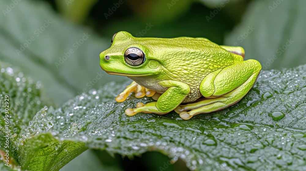 Naklejka premium Vibrant Green Frog Resting on Leaf with Dewdrops in Nature