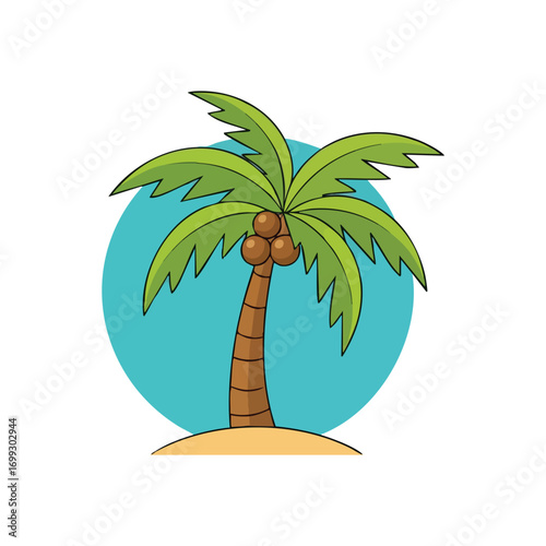 Cartoon Palm Tree with Coconuts. Lively animated artwork showcases a lone tropical plant bearing fruit on a sandy islet, framed by a serene aqua circle. Symbolizes tranquil vacation.