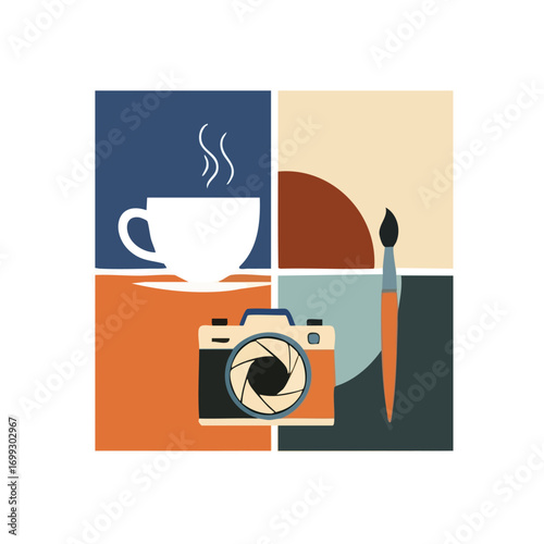 Creative Essentials Visual Concept. Vibrant illustration depicting elements of artistry: a camera, paint brush, and steaming beverage. It evokes a feeling of artistic passion and inspirational living.