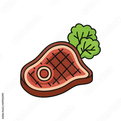Grilled Steak with Greens Icon. Vibrant cartoon depiction of a juicy seared meat portion adorned with fresh leafy produce. Perfect for culinary, diet, and restaurant themes.