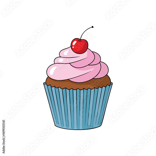 Sweet Cherry Topped Cupcake. Delicious pink frosted dessert with a bright red fruit. This delectable pastry embodies joy, celebration, and delightful indulgence.