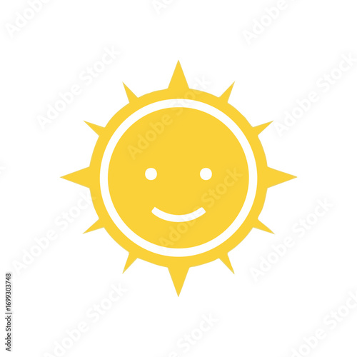 Cheerful Sun Digital Illustration. This charming golden celestial body features a friendly face, conveying pure happiness. A simple yet powerful pictogram symbolizing warmth and brightness.