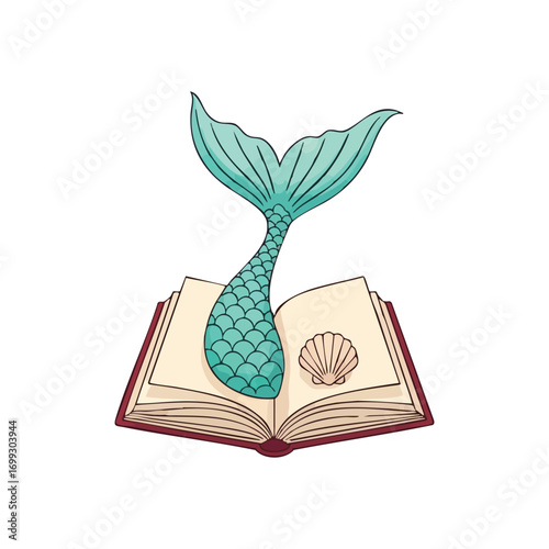 Mermaid Tail Rises from Open Book. A magical sea creature's fin emerges from a classic tale, with a delicate shell inside. Evokes imagination, wonder, and narrative journeys.