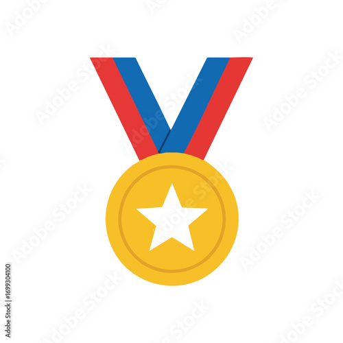 Golden Star Medal Award. This gilded distinction represents ultimate triumph and remarkable accomplishment. Features a brilliant five point emblem on a yellow disc with a vibrant ribbon.