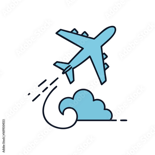 Blue Airplane Flight Icon. A vibrant aviation graphic featuring a jet ascending past a serene cumulus. Represents global adventures, personal freedom, and exciting new horizons.