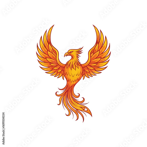 Vibrant Phoenix Symbol. A brilliant orange and gold firebird with outstretched wings against black. It powerfully symbolizes rebirth, strength, renewal, and triumph.