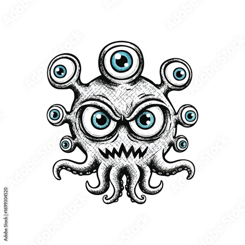 Angry Tentacle Eyeball Creature. Stylized illustration of a multi orb monster with a menacing gaze, jagged teeth, and waving appendages on a dark backdrop. Evokes a watchful, pervasive threat.
