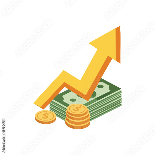 Financial Growth Arrow. Vibrant illustration depicts monetary expansion and upward market trajectory. Symbolizes wealth accumulation, business progress, and increased earnings.