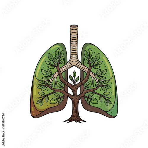 Green Lungs Healthy Respiration. A graphic representation of the pulmonary system intertwined with a flourishing arboreal structure. This artwork signifies vitality, pure atmosphere, and ecological.