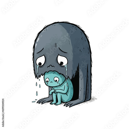 Melancholy Embrace. A touching image of a large, weeping beast sheltering a small, distressed figure. This artwork powerfully symbolizes profound emotional pain and shared vulnerability.