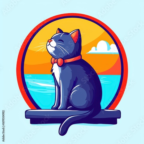 Stylish Cat Sitting by the Ocean with Colorful Sunset Background