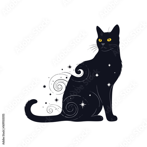 Celestial Cat Mystic Illustration. This graceful ebony feline showcases intricate cosmic designs and luminous golden gaze. It represents a blend of enigmatic charm and universal wonder.