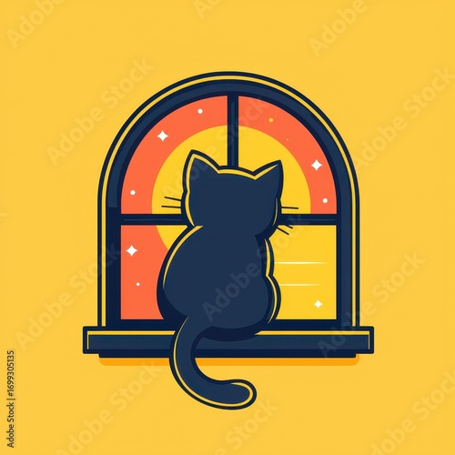 Silhouette of Cat Sitting by Window with Sunset Background