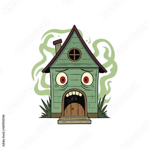 Scared Haunted House Cartoon. The house appears terrified, perhaps by a spectral presence or an unseen horror, conveyed by its wide eyes and open mouth. This artwork embodies the spooky spirit of.