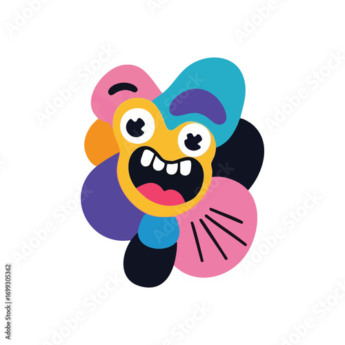 Joyful Abstract Monster Graphic. Dynamic cartoon character design with a broad smile and whimsical shapes. This vibrant artwork embodies pure elation and imaginative flair.