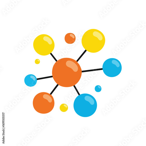 Dynamic Global Network Connection. A vivid illustration of interconnected elements, featuring an orange core surrounded by blue and yellow orbs. Symbolizes complex systems, data exchange, and.