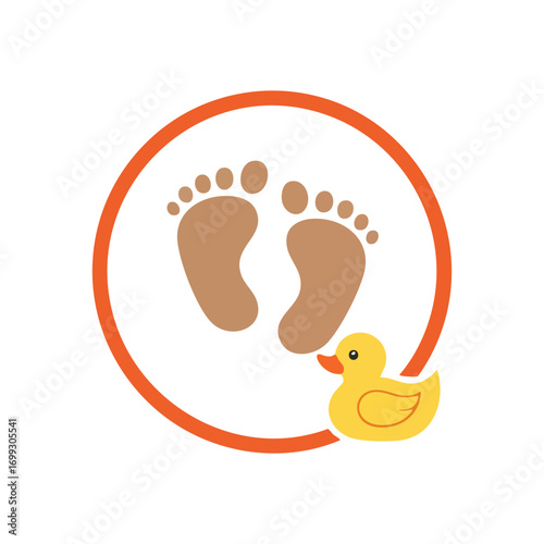 Baby Footprints and Rubber Duck Icon. A tender graphic representing infancy and nurturing care. Features delicate infant feet with a cheerful bath toy, symbolizing playful moments.