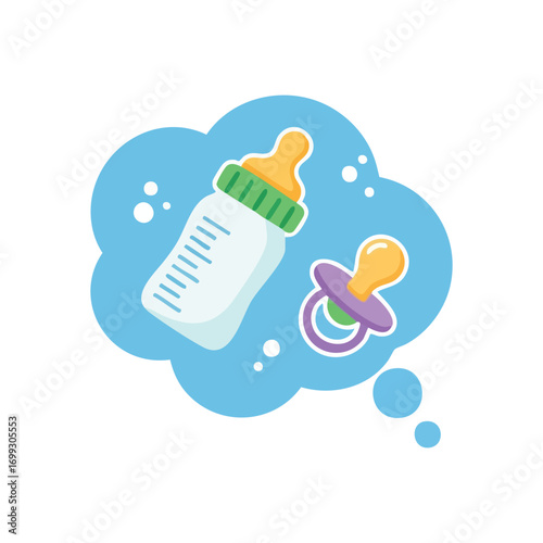 Parenthood Dreams Baby Essentials. Adorable illustration featuring feeding bottles and a soothing dummy within a mindful cloud. Evokes anticipation for a little one, family planning, or future.