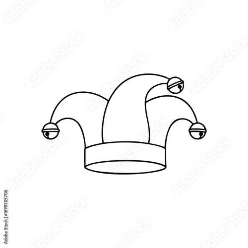Jester Hat with Bells Graphic. A classic design of a fool's cap with jingling accents, symbolizing merriment, playfulness, and festive celebration. Ideal for events.
