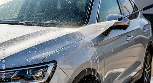 Car wash worker cleaning automobile using high pressure water jet