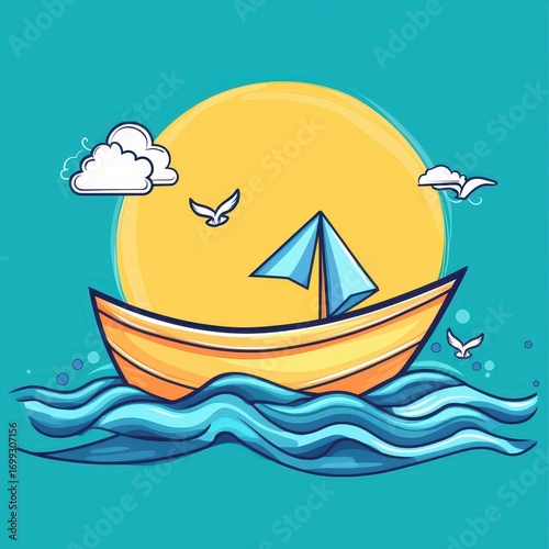 Bright Yellow Boat Sailing Under a Sunny Sky with Clouds and Birds