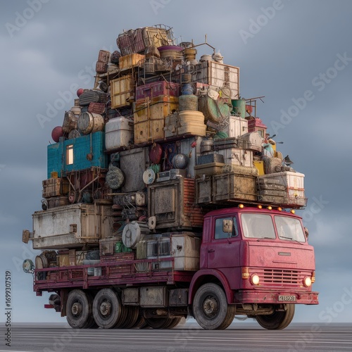 A vintage red truck is heavily overloaded with a precarious stack of miscellaneous, worn, and mismatched belongings, creating a sense of journey and displacement against a muted sky
