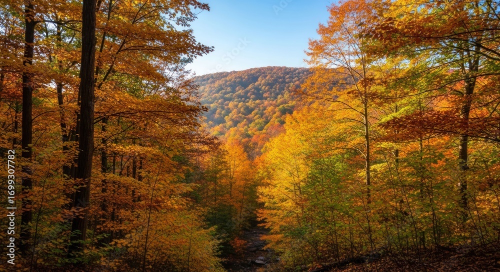 Fototapeta premium Autumn foliage fills a valley vista