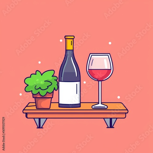 Wine Bottle and Glass with Plant on Wooden Table Display