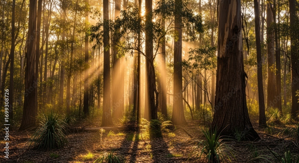 Obraz premium Golden sunlight streams through a tranquil forest, illuminating tall trees and casting soft shadows on the forest floor.