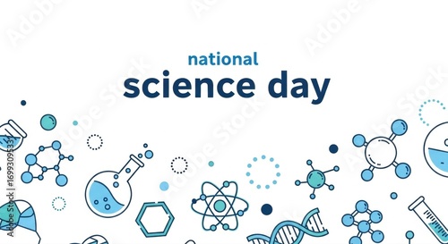 National science day banner with scientific illustrations and laboratory equipment icons on white
