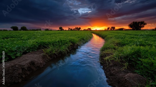 Irrigation system on soybean field in dry season concept. Scenic view of a winding river at sunset over green fields.