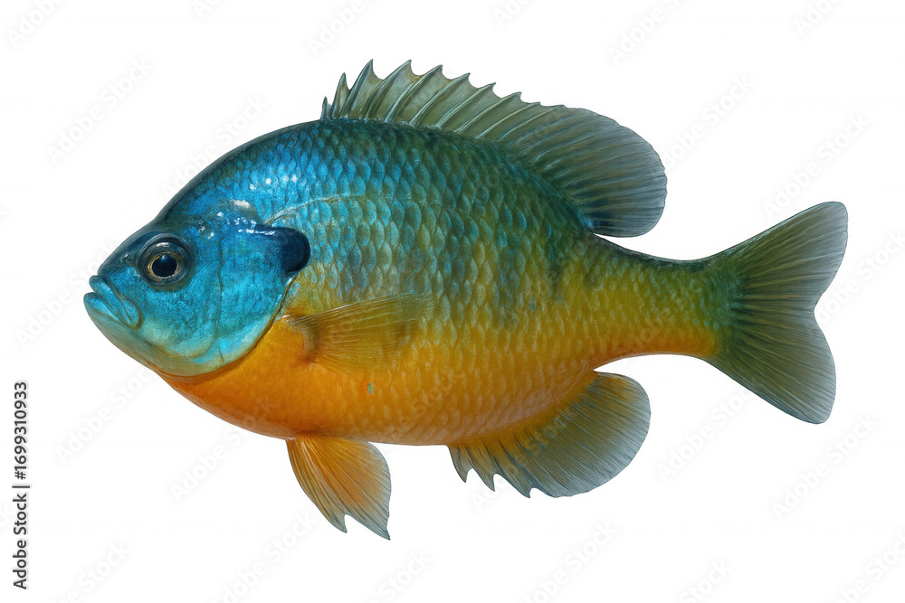 Fototapeta premium Sunfish gliding with vivid orange and blue coloration, revealing intricate marine details against clean, translucent backdrop