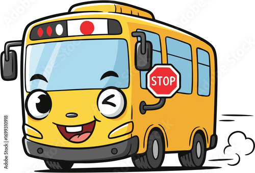 Adorable smiling yellow school bus character winking while in motion. A cute and friendly vehicle illustration part of a doodle cars collection for children