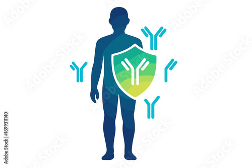 Human silhouette with shield and antibodies in glowing gradient for immunology concept