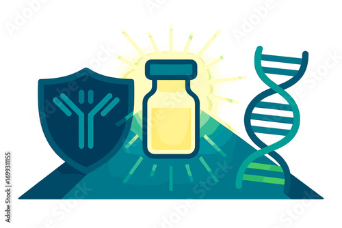 Medical breakthrough: antibody, vaccine, dna innovation in neon style