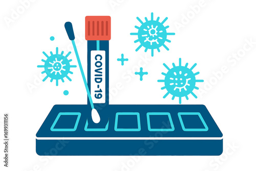 Glow style covid-19 testing kit with virus particles and swab on dark background
