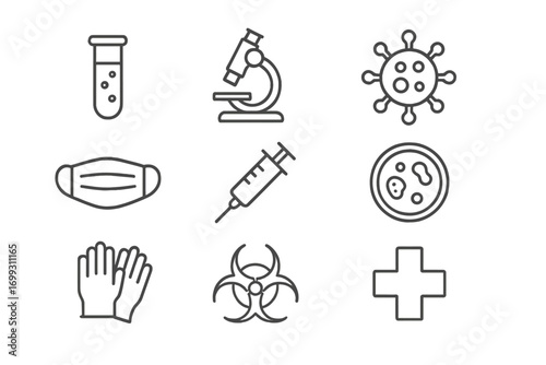 Editable line icons set of laboratory equipment and safety gear
