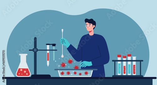 Scientist in lab conducting virus research with test tubes and equipment