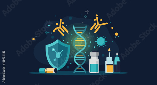 Medical research and vaccine development concept with dna and antibodies