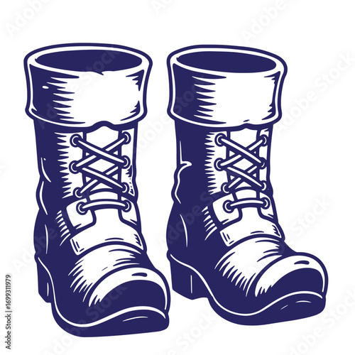 Detailed vector illustration showcasing a pair of vintage style lace up boots in blue and white