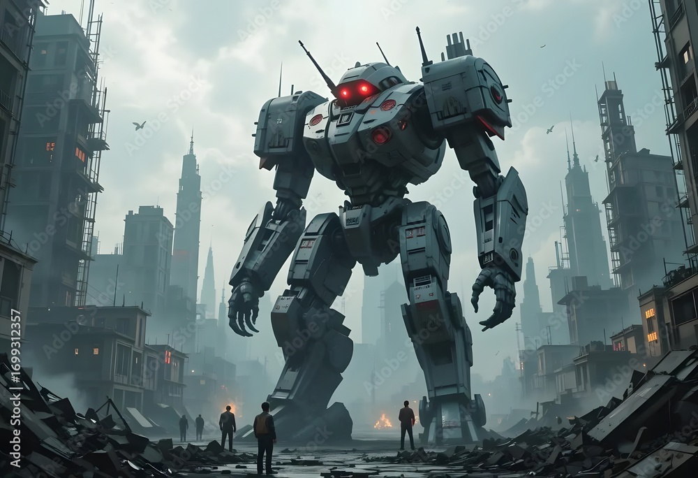 Naklejka premium Giant robot looming over city ruins evokes a dystopian future sci-fi scene with dramatic tension