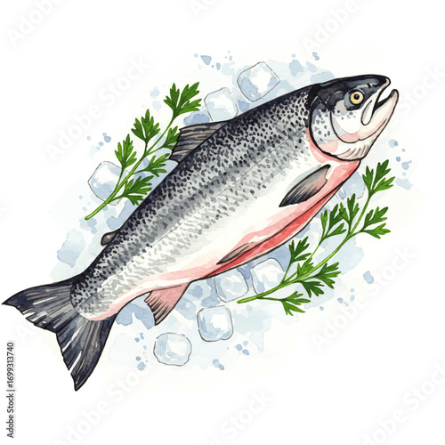 Freshly caught salmon on ice, garnished with parsley, ready for a gourmet meal or restaurant use