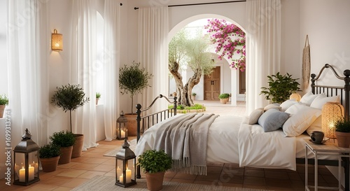 Bright and airy bedroom with white bedding, black metal bed frame, potted plants, and arched doorway leading to a tranquil courtyard with olive tree and bougainvillea