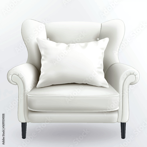 Elegant White Wingback Chair with Soft Pillow Frontal View Minimalist Design