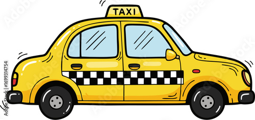 Hand-drawn doodle illustration of a classic yellow taxi cab. Cute cartoon car vector for urban transportation concepts, isolated on a white background