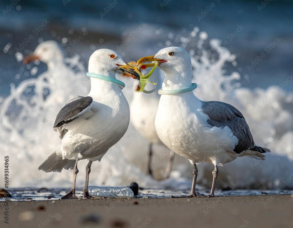 Fototapeta premium Seagulls Interacting with Plastic Debris on Sandy Beach