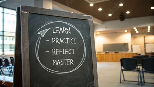 Inspirational Chalkboard with Learn, Practice, Reflect, and Master Concepts in Modern Educational Setting