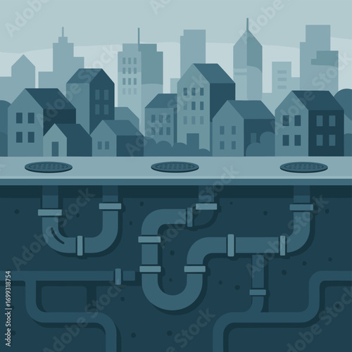 Flat urban infrastructure with cityscape and underground pipelines